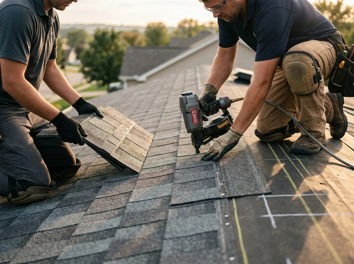 Professional roofer working on a residential roof in Ardmore